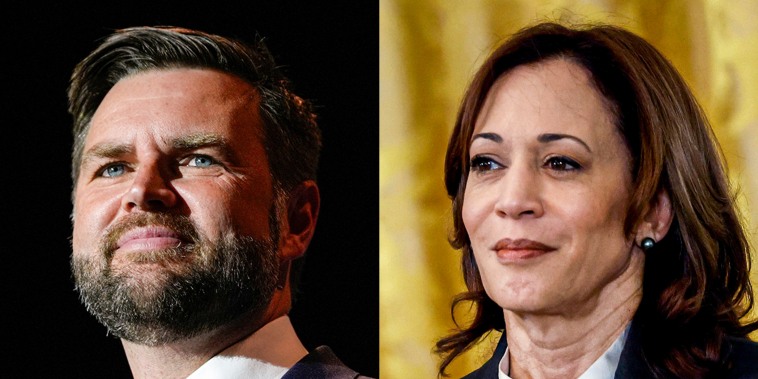 A split composite of JD Vance and Kamala Harris.