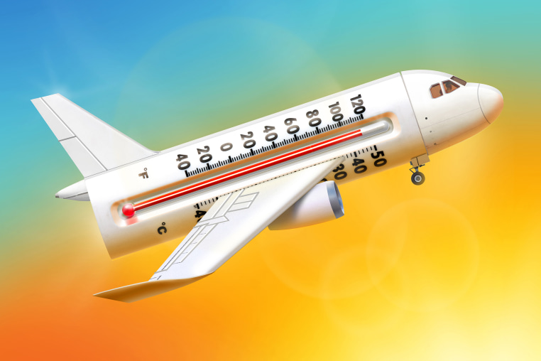 A photo illustration of a commercial airplane made out of a thermometer. The temperature reads just below 120 degrees farenheit.