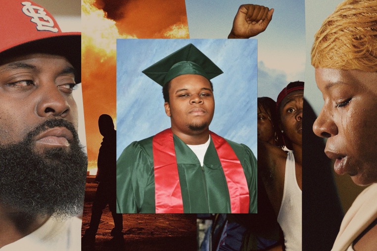 A collage of photos from the protests in Ferguson after Michael Brown was shot and killed by police; photos including his father, his mother crying, Michael Brown in a high school graduation portrait, a protestor raising his fist, and a protester near flames and smoke.