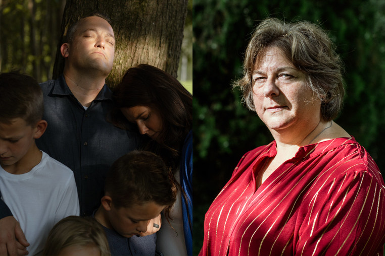 David Bennett Jr and his family hugging near a tree; Ann Faucette.