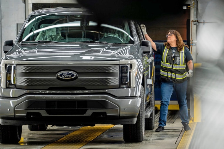 A Ford F-150 Lightning pickup truck on the assembly line in Dearborn, Mich., in 2023. 