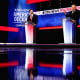 Wide shot of JD Vance and Tim Walz on the debate stage