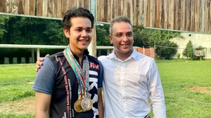 Photo Credit: SAI : Shooter Adriyan Karmarkar, son of Olympian Joydeep Karmakar (R) won gold in 50m rifle shooting in Chennai on Thursday at the ongoing KIYG2023 
