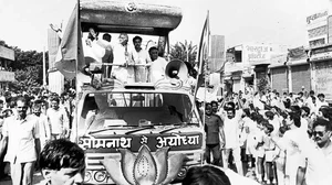 Photo: HT : Changing Times: L K Advani leading the Rath Yatra in 1990 