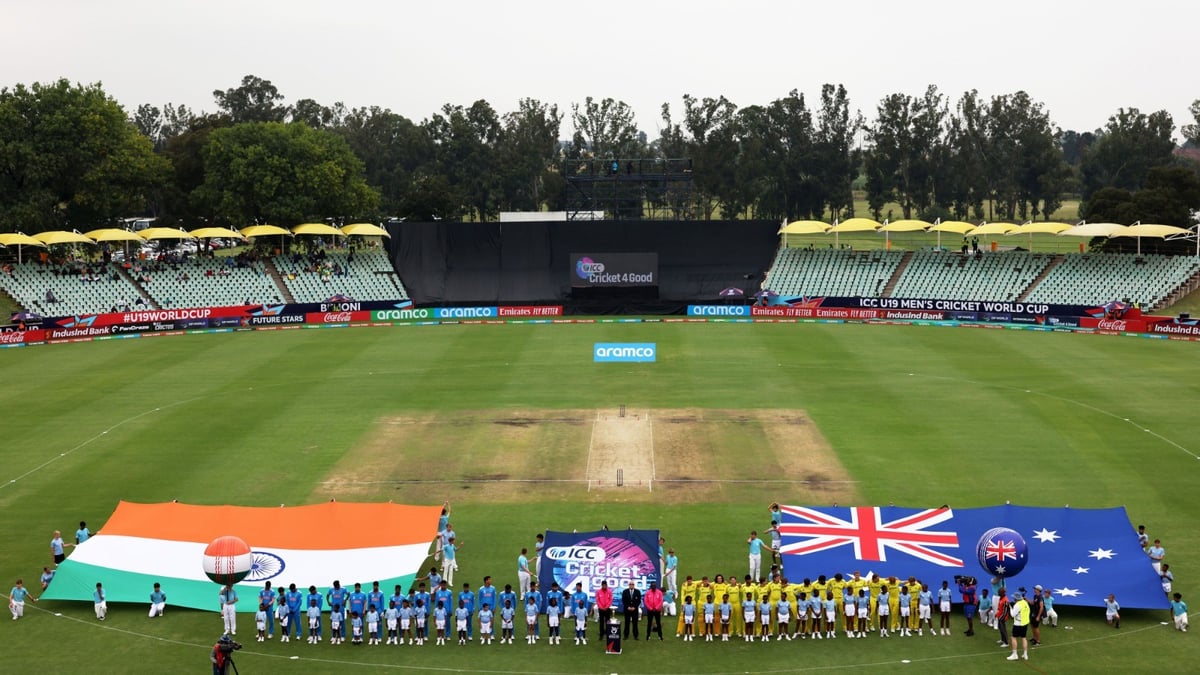 ICC Photo : India and Australia teams line up ahead of their ICC Men's U-19 Cricket World Cup 2024 final match at Willowmoore Park in Benoni, South Africa on February 11, 2024.