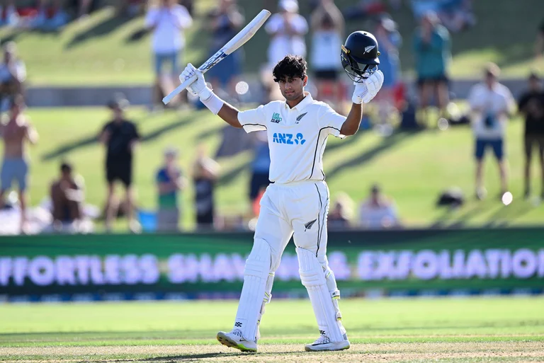 Rachin Ravindra celebrates his century during the first day of the first cricket Test match between New Zealand and South Africa at Bay Oval, Mount Maunganui. - Photo: Andrew Cornaga/Photosport via AP                 