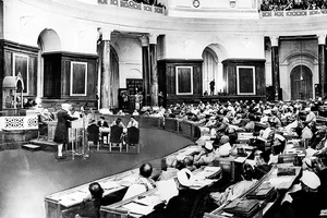 Photo: Corbis : Historic Moment: Jawaharlal Nehru moves the resolution for an independent sovereign republic in the Constituent Assembly