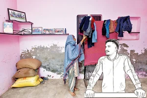 Photo: Tribhuvan Tiwari; Illustration: Saahil : Presence of Absence: When Shubhkaran Singh, 22, left home to join the protesting farmers, no one knew that he won’t be coming back ever again. Singh was killed on February 21 at the Khanauri border during clashes between the police and the farmers. At his home, his grand aunt, who raised him, still feels his presence in his room