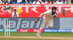 AP Photo/Manish Swarup : Jasprit Bumrah bowls a delivery on the fourth day of the second cricket test match between India and England in Visakhapatnam.