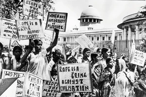 Photo: Getty Images : Walking For Justice: Women activists in New Delhi demand the re-opening of the Mathura rape case in 1980