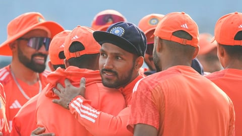 Debutant Dhruv Jurel is greeted by his India teammates ahead of the third Test against England in Rajkot on February 15, 2024.