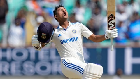 India's Yashasvi Jaiswal celebrates his double century against England in Rajkot on February 18, 2024.