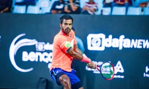 Bengaluru Open : India's Sumit Nagal in action during his singles semi-final match against Italy's Stefano Napolitano at the Bengaluru Open ATP Challenger 2024 on Saturday, February 17 at KSLTA Stadium.