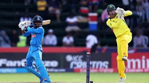 Photo Courtesy: ICC : Murugan Abhishek of India plays a shot during their ICC Men's U-19 Cricket World Cup 2024 final against Australia in Benoni, South Africa.
