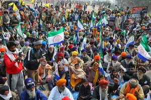 Photo by Suresh K Pandey : Farmers hold a protest at the Punjab-Haryana Shambhu border during their 'Delhi Chalo' protest. 