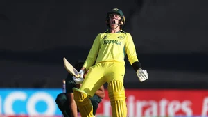 Photo courtesy: X/ @cricketworldcup : Australian player Raf Macmilllan after hitting the winning runs against Pakistan in the semi-final of ICC U-19 World Cup 2024 in Benoni.