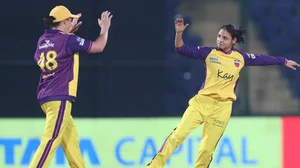 Photo: X/ @wplt20 : UP Warriorz's Saima Thakor celebrating after taking the wicket of DC's Shafali Verma in WPL 2024.