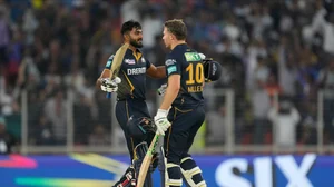 AP Photo /Ajit Solanki : Gujarat Titans' David Miller, right, greets teammate Vijay Shankar after Gujarat Titans won the Indian Premier League 2024 match against Sunrisers Hyderabad in Ahmedabad.