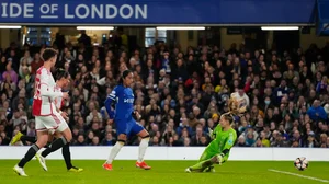 AP : Chelsea's Mayra Ramirez, center, scores a goal against Ajax during their UEFA Women's Champions League 2023-24 quarter-final second leg match at Stamford Bridge Stadium in London on March 27, 2024.