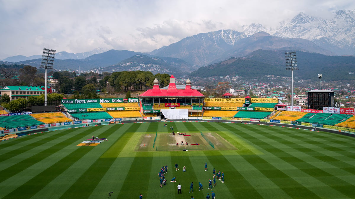 AP : England players during a practice session on the eve of their fifth Test match against India at the Himachal Pradesh Cricket Association Stadium in Dharamshala, March 6, 2024. The Dhauladhar range of the Himalayas is seen behind.