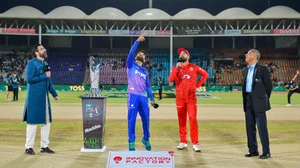 Photo: X/Pakistan Super League : Captains Mohammad Rizwan (second from left) and Shadab Khan (third from left) at the toss for the Pakistan Super League 2024 final between Islamabad United and Multan Sultans in Karachi on Monday (March 18).