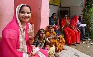 Getty Images : A group of village women show inked fingers, after casting their votes during the local bodies election at Bikamau Bhawanipur polling booth Baxi ka Talaab on May 4, 2023 in Lucknow, India.