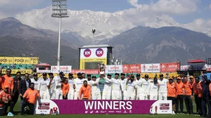 (AP Photo/Ashwini Bhatia)
 : Indian cricket team members and support staff pose with the winning trophy after they won the fifth test match against England in Dharamshala, India, Saturday, March 9, 2024. 

