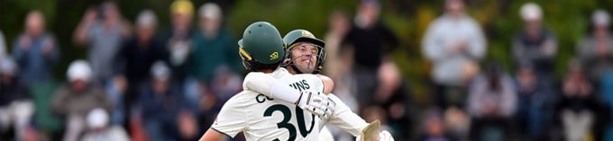 ICC : Australia captain Pat Cummins and Alex Carey celebrate after scoring the winning runs against New Zealand in the 2nd Test at Hagley Oval, Christchurch on March 11, 2024.