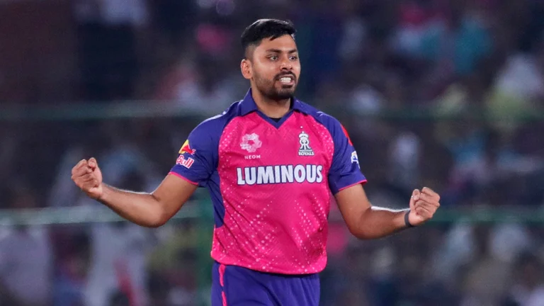 Rajasthan Royals' Avesh Khan celebrates the wicket of Delhi Capitals' David Warner during their Indian Premier League match in Jaipur on March 28, 2024. - AP/Pankaj Nangia