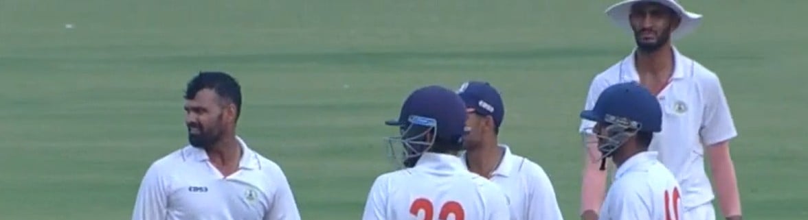 Screengrab (BCCI) : Vidarbha's Aditya Thakare (without cap) celebrates with teammates the fall of a Karnataka wicket during their Ranji Trophy 2024 quarter-final match in Nagpur.