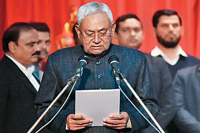A Seasoned Hand: Nitish Kumar taking oath as Bihar chief minister for the ninth time after returning to the BJP-led NDA in 2024. - Photos: Getty Images