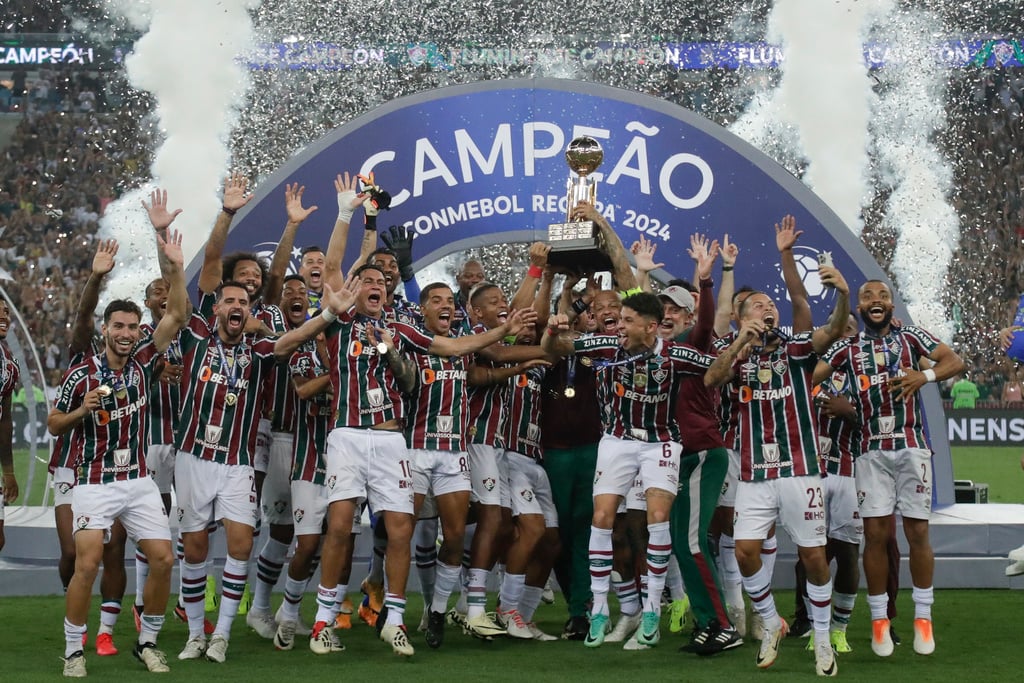 Fluminense players celebrate after beating Liga de Quito in the final and winning the Recopa Sudamericana 2024 title at the Maracana Stadium in Rio de Janeiro, Brazil on Friday, March 1.