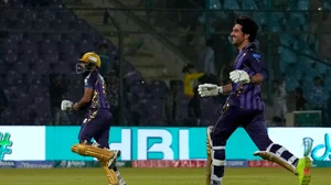 AP/Fareed Khan : Quetta Gladiators' Mohammad Wasim, right, and Saud Shakeel celebrate after winning the the Pakistan Super League 2024 match against Lahore Qalandars in Karachi on Sunday (March 10).