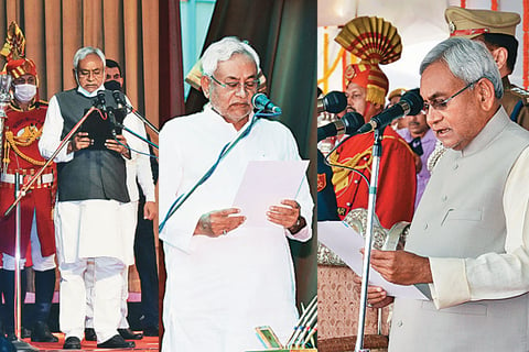 Time After Time: (Left) Swearing-in ceremony in 2020; (middle) 2017 swearing-in ceremony following Nitish Kumar’s return to the NDA after four years; (right) Nitish Kumar takes oath as Bihar CM for the eighth time