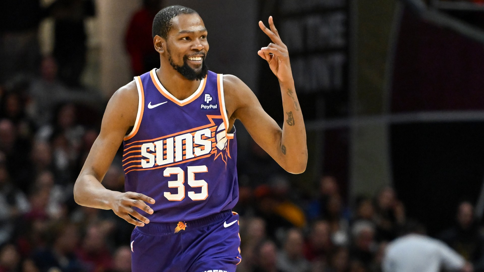 Phoenix Suns forward Kevin Durant celebrates a basket vs. the Cleveland Cavaliers on March 11, 2024.