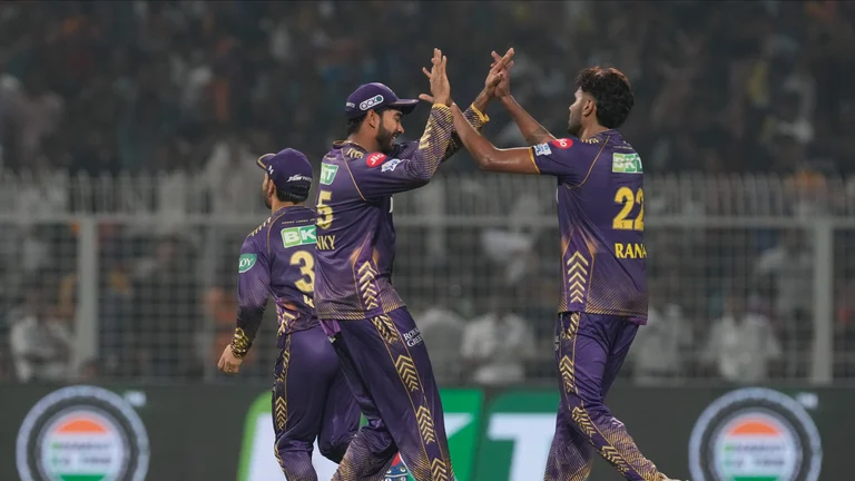 Kolkata Knight Riders' Harshit Rana, right, celebrates the dismissal of Sunrisers Hyderabad's Heinrich Klaasen during the Indian Premier League match between Kolkata Knight Riders and Sunrisers Hyderabad in Kolkata. - AP Photo/Bikas Das