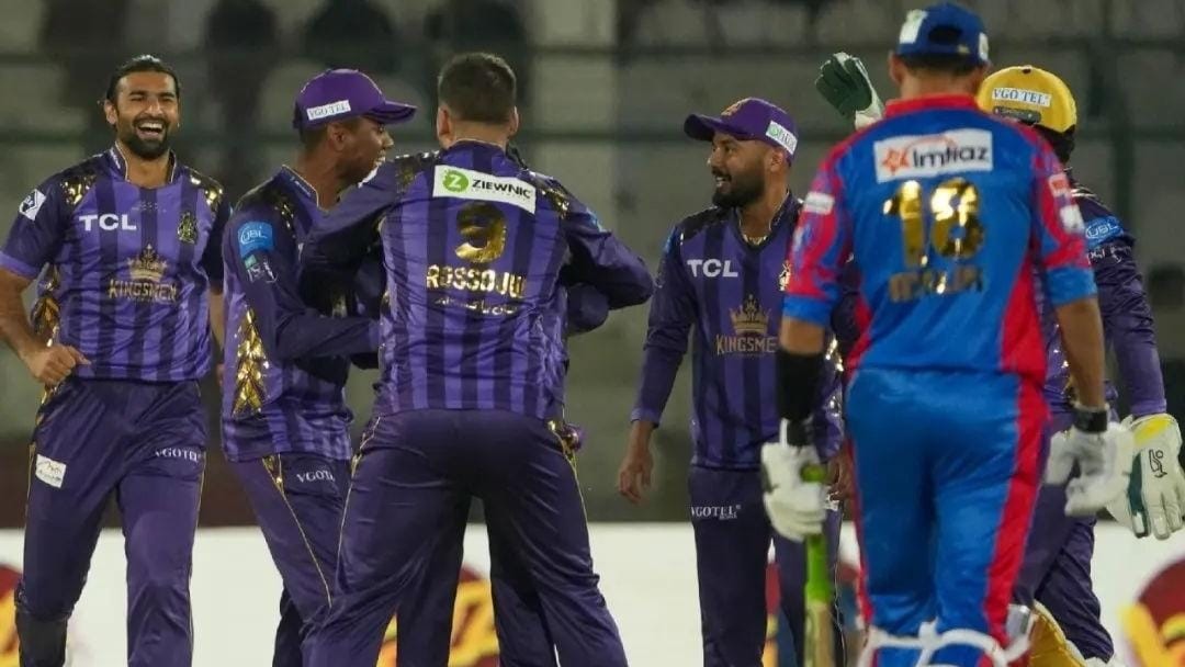 Instagram/Quetta Gladiators : Quetta Gladiators players celebrate the fall of a wicket against Karachi Kings during the PSL 2024.