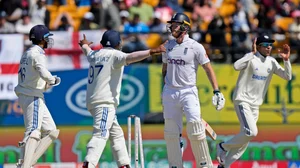AP/Ashwini Bhatia : England captain Ben Stokes, second right, reacts after being clean bowled by India's Ravichandran Ashwin on the third day of the fifth Test match in Dharamsala.