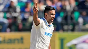 (AP Photo /Ashwini Bhatia) : India's Ravichandran Ashwin celebrates the wicket of England's Zak Crawley on the third day of the fifth and final test match between England and India in Dharamshala, India, Saturday, March 9, 2024. 