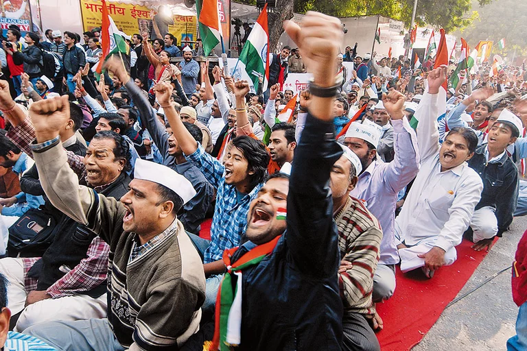 Anti-corruption Crusade: A protest against the proposals of the Parliamentary Standing Committee on the Lokpal Bill at Jantar Mantar, Delhi in 2011 - Photo: Sanjay Rawat