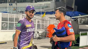 Photo: X/ @KKRiders : Kolkata Knight Riders' Manish Pandey (L) with Sunrisers Hyderabad's Mayank Agarwal during the practice session at Eden Gardens in IPL 2024.