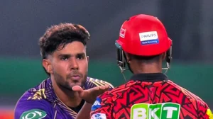Screengrab/Jio Cinema : Kolkata Knight Riders seamer Harshit Rana blows a flying kiss to Sunrisers Hyderabad opener Mayank Agarwal after dismissing the latter in match 3 of Indian Premier League 2024 at Eden Gardens.