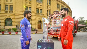 Photo: X/ @thePSLt20 : Multan Sultans Captain Mohammad Rizwan (L) and Islamabad United skipper Shadab Khan posing with the PSL 2024 trophy.