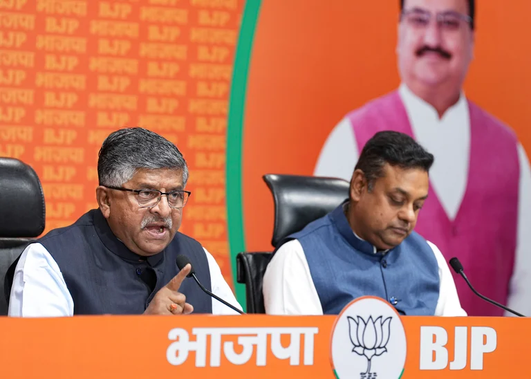 BJP leaders Ravi Shankar Prasad and Sambit Patra address a press conference at party headquarters, in New Delhi, Thursday, March 21, 2024. - PTI