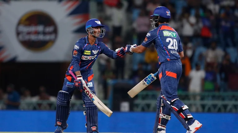 Lucknow Super Giants' Ayush Badoni, left, celebrates scoring runs with batting partner Arshad Khan during the Indian Premier League cricket match between Lucknow Super Giants and Delhi Capitals in Lucknow, India, Friday, April 12, 2024. - AP/Surjeet Yadav