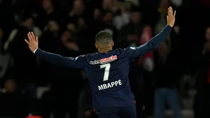 Photo: Thibault Camus/AP/PA : Paris St Germain’s Kylian Mbappe celebrates his Coupe de France semi-final winner against Rennes.
