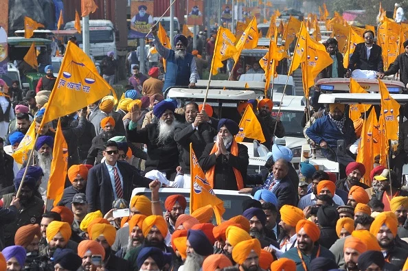 Shiromani Akali Dal (SAD) president Sukhbir Singh Badal, SAD leader Anil Joshi, Gulzar Singh Ranike with party workers during a "Punjab Bachao Yatra" start from Attari. on February 1, 2024 in Amritsar, India.  - (Photo by Sameer Sehgal via Getty Images)