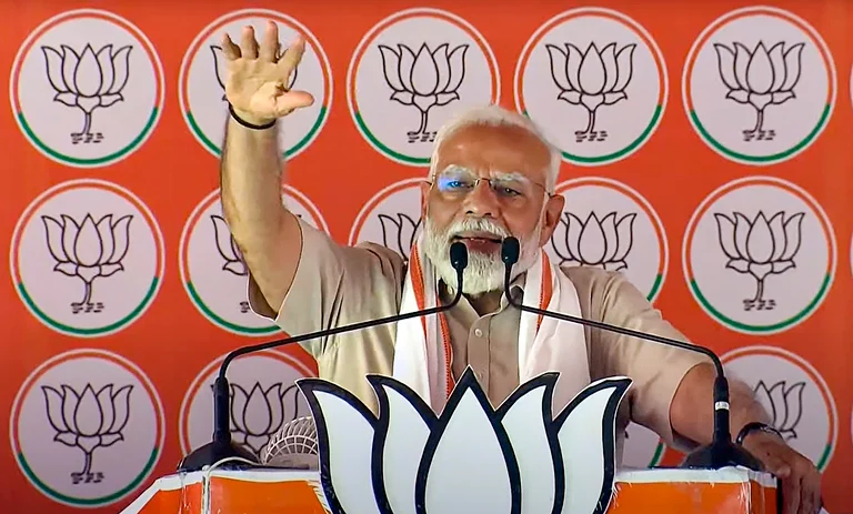 Prime Minister Narendra Modi addresses a public meeting for Lok Sabha elections, in Aligarh, Monday, April 22, 2024.  - PTI Photo