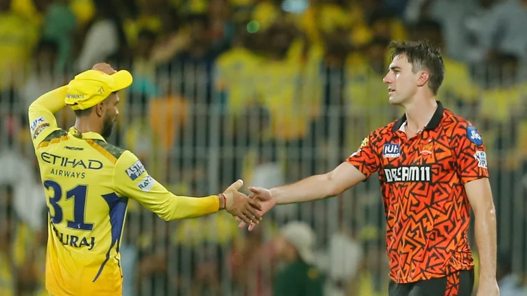 Chennai Super Kings' captain Ruturaj Gaikwad, left, greets Sunrisers Hyderabad's captain Pat Cummins at the end of the Indian Premier League cricket match between Chennai Super Kings and Sunrisers Hyderabad in Chennai. - AP Photo/R.Parthiban