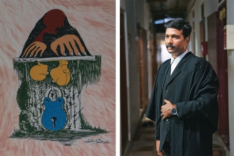 (Left) Cover artwork of A K Kareem’s Thalidappatta Kathavugal by poet and artist Tamil Piththan
(right) A K Kareem, lawyer and author of Thalidappatta Kathavugal, which chronicles the stories of those affected by the Coimbatore blasts